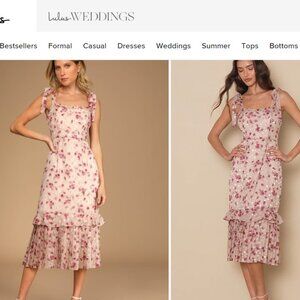 Lulus Terrace Views Taupe Floral Print Tiered Midi Dress Medium